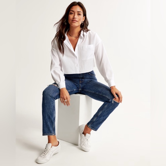 NWT Abercrombie & Fitch Solid Blue Denim Distressed Curvy Skinny High Rise Jeans - Picture 2 of 14